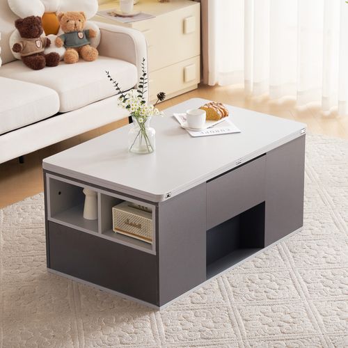 Table Basse Relevable 2-en-1 Avec Tiroirs Et Rangement, Gris Clair Et Foncé, 100x51x47 Cm