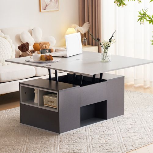 Table Basse Relevable 2-en-1 Avec Tiroirs Et Rangement, Gris Clair Et Foncé, 100x51x47 Cm
