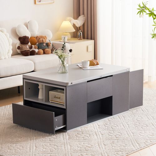 Table Basse Relevable 2-en-1 Avec Tiroirs Et Rangement, Gris Clair Et Foncé, 100x51x47 Cm