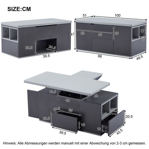 Table Basse Relevable 2-en-1 Avec Tiroirs Et Rangement, Gris Clair Et Foncé, 100x51x47 Cm