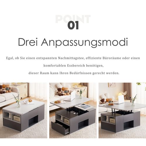 Table Basse Relevable 2-en-1 Avec Tiroirs Et Rangement, Gris Clair Et Foncé, 100x51x47 Cm