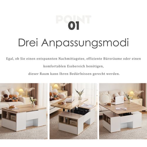 Table Basse Relevable Multifonction 2-en-1, Grande Capacité, Blanc Et Bois Naturel, 100x51x47 Cm