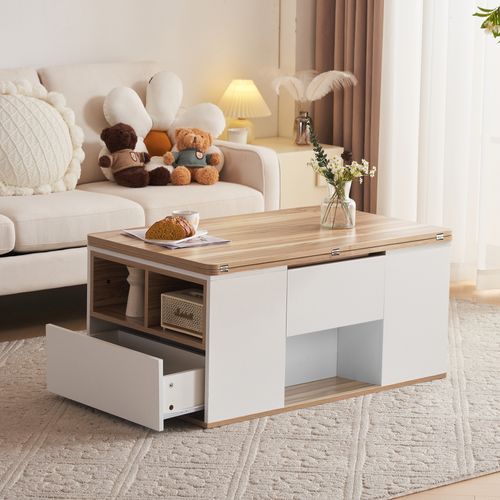 Table Basse Relevable Multifonction 2-en-1, Grande Capacité, Blanc Et Bois Naturel, 100x51x47 Cm