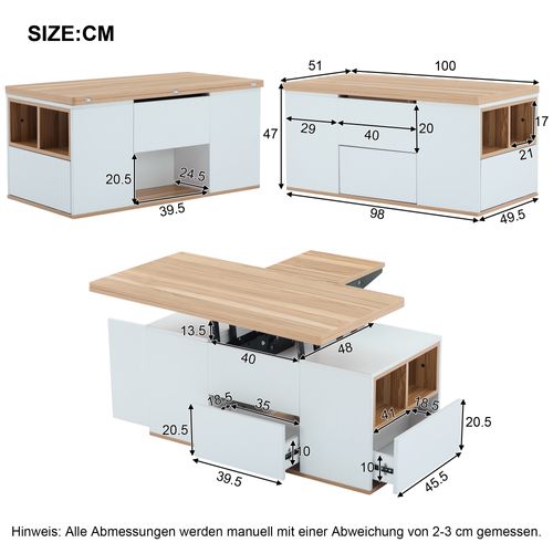 Table Basse Relevable Multifonction 2-en-1, Grande Capacité, Blanc Et Bois Naturel, 100x51x47 Cm