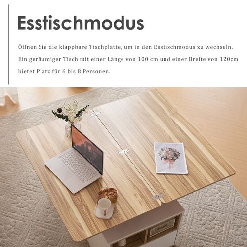 Table Basse Relevable Multifonction 2-en-1, Grande Capacité, Blanc Et Bois Naturel, 100x51x47 Cm