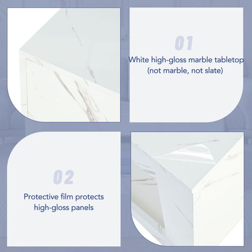 Table Basse LED Moderne En Mdf Blanc Brillant Avec Imprimé Marbre, Télécommande, 100x50x50 Cm