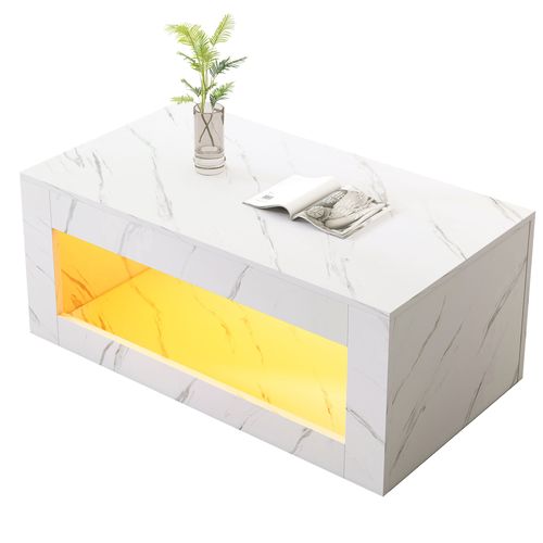 Table Basse LED Moderne En Mdf Blanc Brillant Avec Imprimé Marbre, Télécommande, 100x50x50 Cm