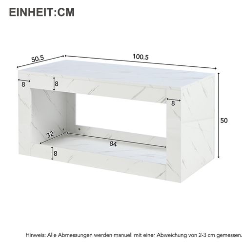 Table Basse LED Moderne En Mdf Blanc Brillant Avec Imprimé Marbre, Télécommande, 100x50x50 Cm