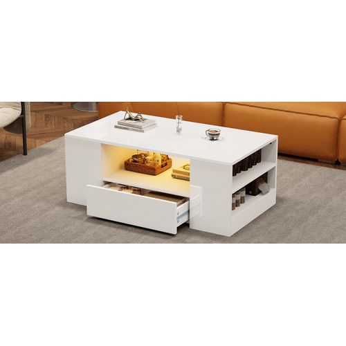 Table Basse Moderne Blanche Brillante Avec 2 Tiroirs, 2 Étagères Et LED USB Pour Salon, 95x53x37 Cm
