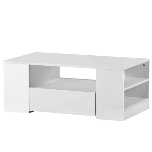 Table Basse Moderne Blanche Brillante Avec 2 Tiroirs, 2 Étagères Et LED USB Pour Salon, 95x53x37 Cm