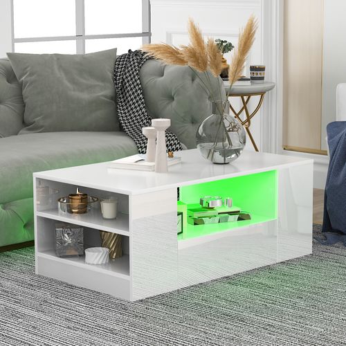 Table Basse Moderne Blanche Brillante Avec 2 Tiroirs, 2 Étagères Et LED USB Pour Salon, 95x53x37 Cm