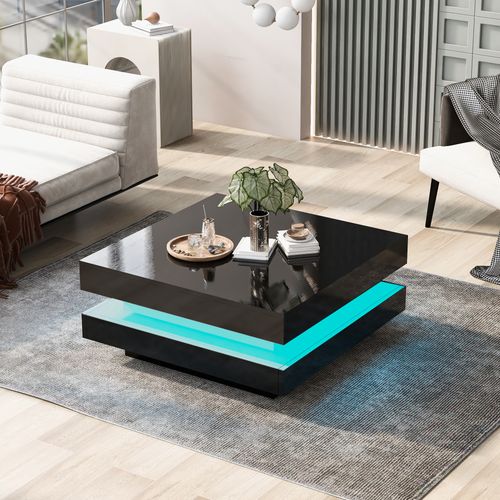 Table Basse Carrée Noire Brillante Avec Plateau Rotatif 360°, LED 16 Couleurs, 70x70x36 Cm, Moderne