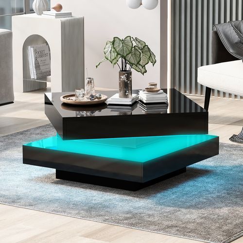 Table Basse Carrée Noire Brillante Avec Plateau Rotatif 360°, LED 16 Couleurs, 70x70x36 Cm, Moderne