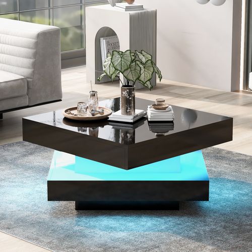 Table Basse Carrée Noire Brillante Avec Plateau Rotatif 360°, LED 16 Couleurs, 70x70x36 Cm, Moderne