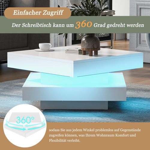 Table Basse Carrée Blance Brillante Avec Plateau Rotatif 360°, LED 16 Couleurs, 70x70x36 Cm, Moderne