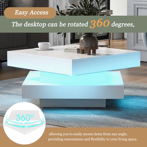 Table Basse Carrée Blance Brillante Avec Plateau Rotatif 360°, LED 16 Couleurs, 70x70x36 Cm, Moderne