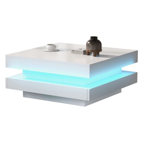 Table Basse Carrée Blance Brillante Avec Plateau Rotatif 360°, LED 16 Couleurs, 70x70x36 Cm, Moderne
