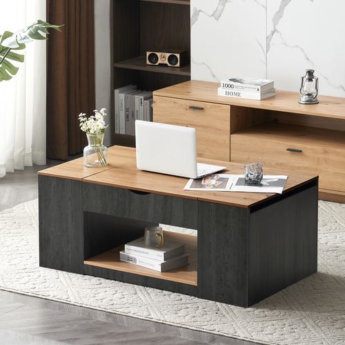 Table Basse Relevable 109,5 Cm Avec Rangement, Plateau Bois Et Structure Grise Moderne Pour Salon
