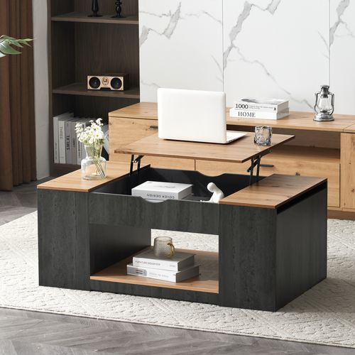 Table Basse Relevable 109,5 Cm Avec Rangement, Plateau Bois Et Structure Grise Moderne Pour Salon