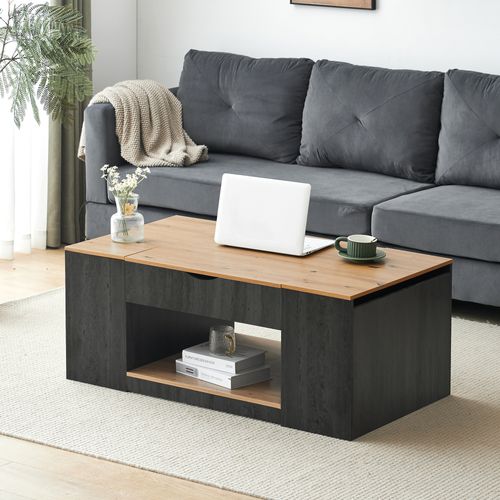 Table Basse Relevable 109,5 Cm Avec Rangement, Plateau Bois Et Structure Grise Moderne Pour Salon