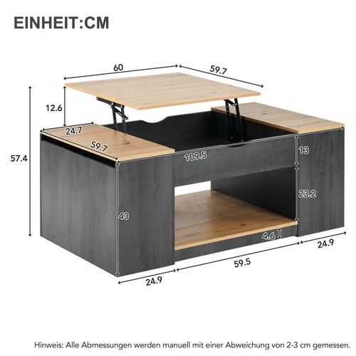 Table Basse Relevable 109,5 Cm Avec Rangement, Plateau Bois Et Structure Grise Moderne Pour Salon