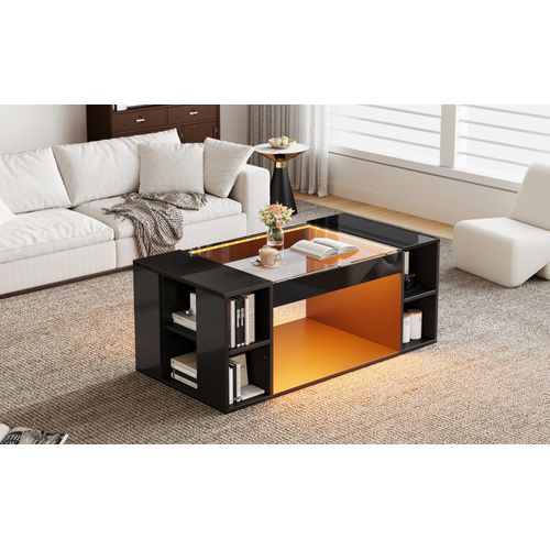 Table Basse Moderne 100x50x40 Cm LED Avec Plateau En Verre Trempé Et Rangement Central Noir