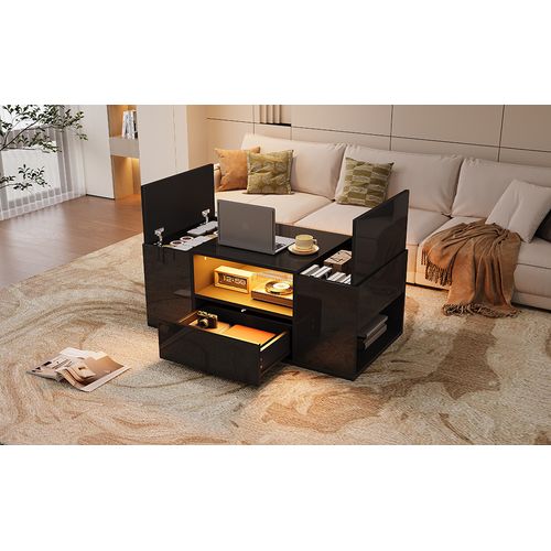Table Basse 100x50x40 Cm Avec LED Et 6 Espaces De Rangement, Plateau Noir Brillant