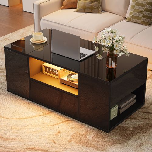 Table Basse 100x50x40 Cm Avec LED Et 6 Espaces De Rangement, Plateau Noir Brillant