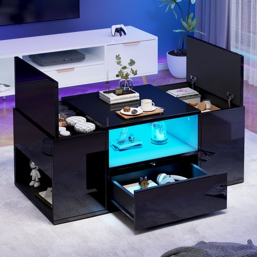 Table Basse 100x50x40 Cm Avec LED Et 6 Espaces De Rangement, Plateau Noir Brillant