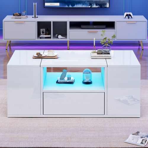 Table Basse 100x50x40 Cm Avec LED Et 6 Espaces De Rangement, Plateau Blanc Brillant