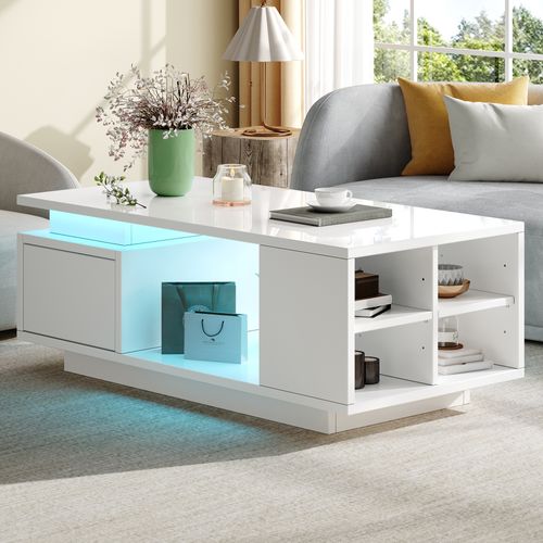 Table Basse 100x50x36 Cm Blance Avec LED, Tiroir Et 4 Compartiments Latéraux, Design Moderne