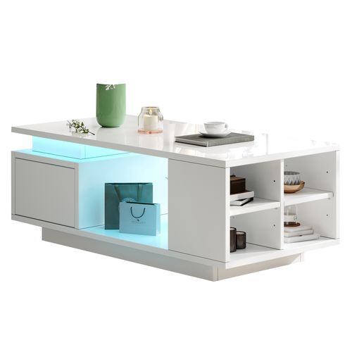 Table Basse 100x50x36 Cm Blance Avec LED, Tiroir Et 4 Compartiments Latéraux, Design Moderne