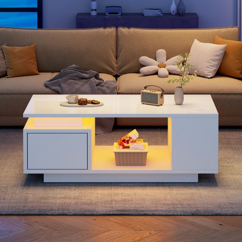 Table Basse 100x50x36 Cm Blance Avec LED, Tiroir Et 4 Compartiments Latéraux, Design Moderne