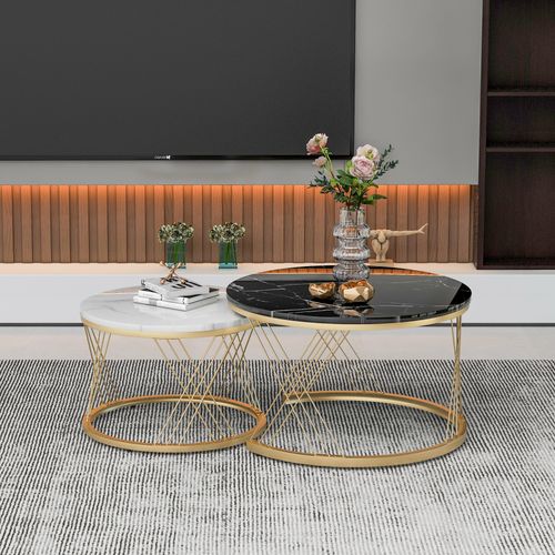 Set De 2 Tables Basses Rondes Imbriquées, Mdf Effet Marbre, Cadre Doré, Compact Et Moderne