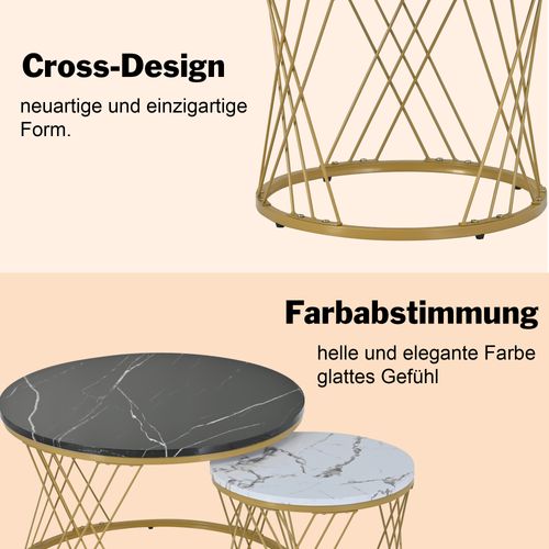 Set De 2 Tables Basses Rondes Imbriquées, Mdf Effet Marbre, Cadre Doré, Compact Et Moderne