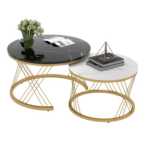 Set De 2 Tables Basses Rondes Imbriquées, Mdf Effet Marbre, Cadre Doré, Compact Et Moderne