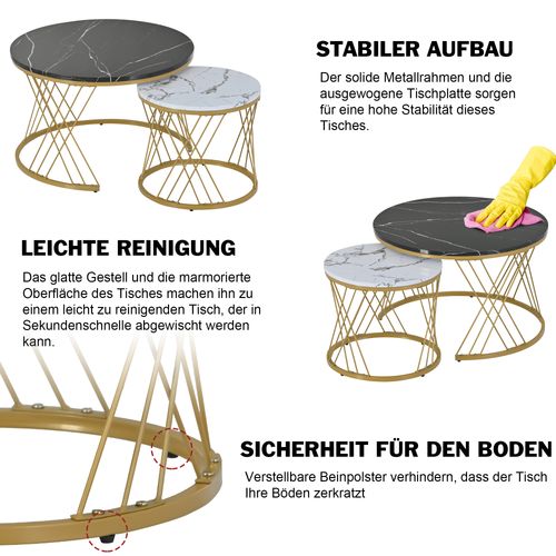 Set De 2 Tables Basses Rondes Imbriquées, Mdf Effet Marbre, Cadre Doré, Compact Et Moderne