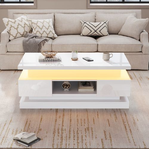 Table Basse Relevable 2 Tiroirs LED, Mdf Blanc Haute Brillance, Rangement Secret, 100x50x40 Cm