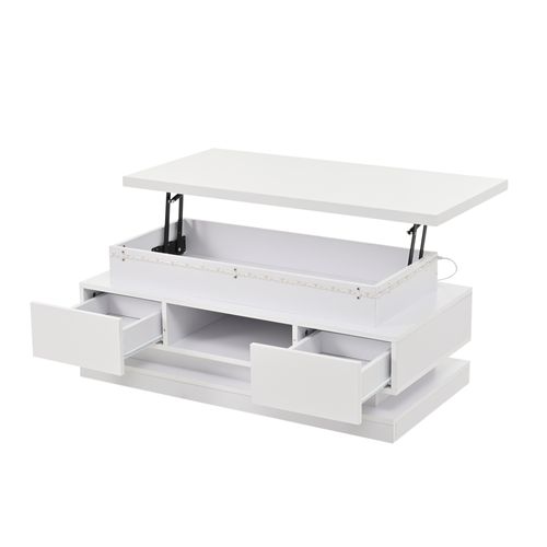 Table Basse Relevable 2 Tiroirs LED, Mdf Blanc Haute Brillance, Rangement Secret, 100x50x40 Cm