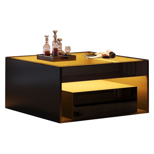 Table Basse LED 70x70x35 Cm Avec 2 Tiroirs, Plateau En Verre Trempé Et Finition Noir Brillant