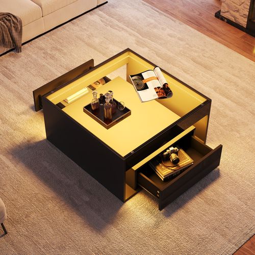 Table Basse LED 70x70x35 Cm Avec 2 Tiroirs, Plateau En Verre Trempé Et Finition Noir Brillant