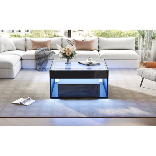 Table Basse LED 70x70x35 Cm Avec 2 Tiroirs, Plateau En Verre Trempé Et Finition Noir Brillant