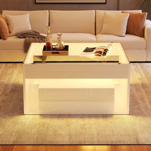 Table Basse LED 70x70x35 Cm Avec 2 Tiroirs, Plateau En Verre Trempé Et Finition Blanc Brillant