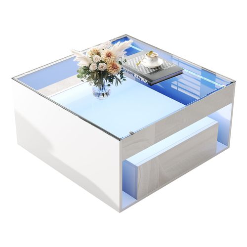 Table Basse LED 70x70x35 Cm Avec 2 Tiroirs, Plateau En Verre Trempé Et Finition Blanc Brillant