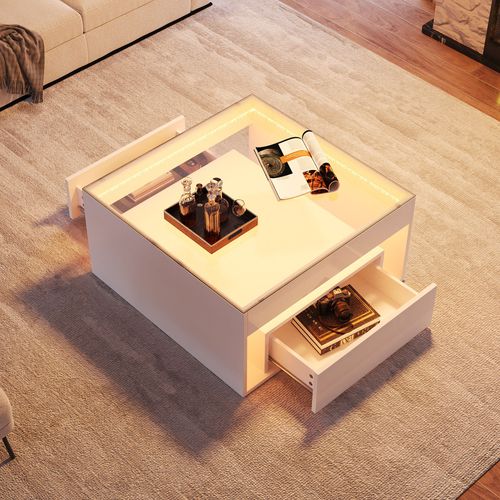 Table Basse LED 70x70x35 Cm Avec 2 Tiroirs, Plateau En Verre Trempé Et Finition Blanc Brillant