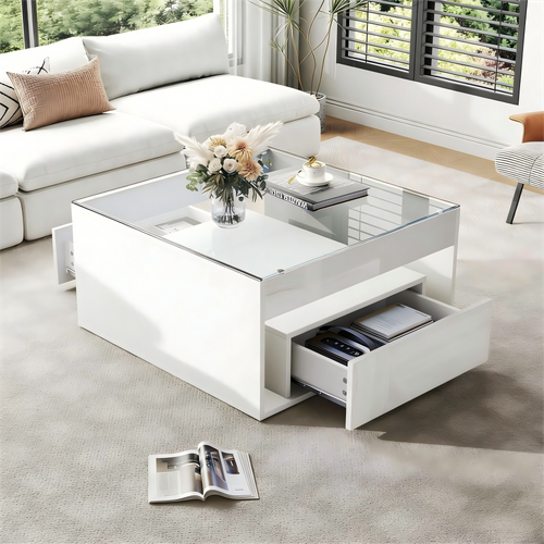 Table Basse LED 70x70x35 Cm Avec 2 Tiroirs, Plateau En Verre Trempé Et Finition Blanc Brillant