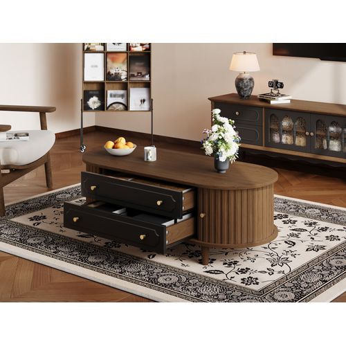 Table Basse 100x50x36 Cm Style Rétro Avec 2 Tiroirs Et Volet Roulant, Finition Noyer Et Noir