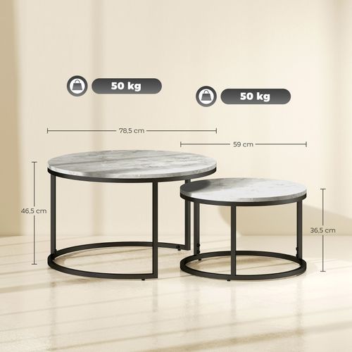 Set De 2 Tables Basses Rondes Style Industriel, Plateau Effet Béton Et Cadre Métal Noir