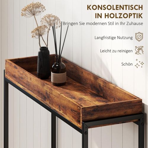 Console Étroite Pour Couloir, Métal Et Bois Mélaminé, Design Rustique Brun, 100x30x91 Cm