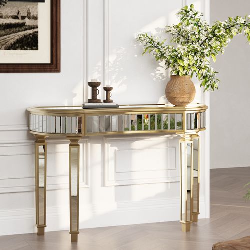 Console Demi-lune Miroir 120 Cm, Table De Sofa Et Coiffeuse Luxe Avec Tiroir Cristal, Or Et Argent